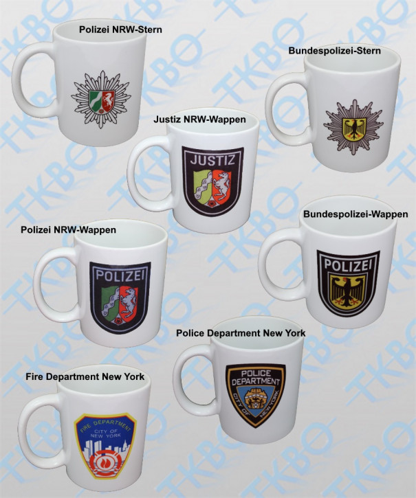 Tasse mit diversen Aufdrucken Polizei NRW-Wappen