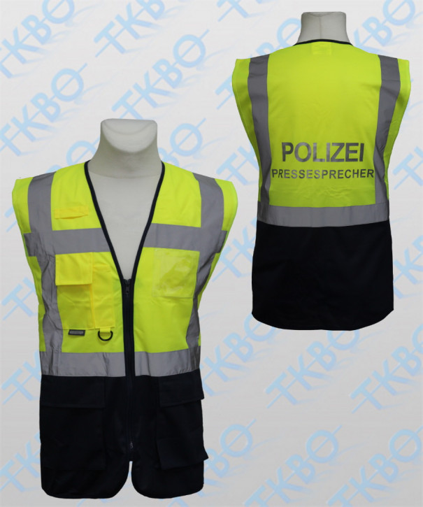 Warnweste mit Aufdruck "POLIZEI PRESSESPRECHER" - gelb/blau - mit Reißverschluss und Taschen