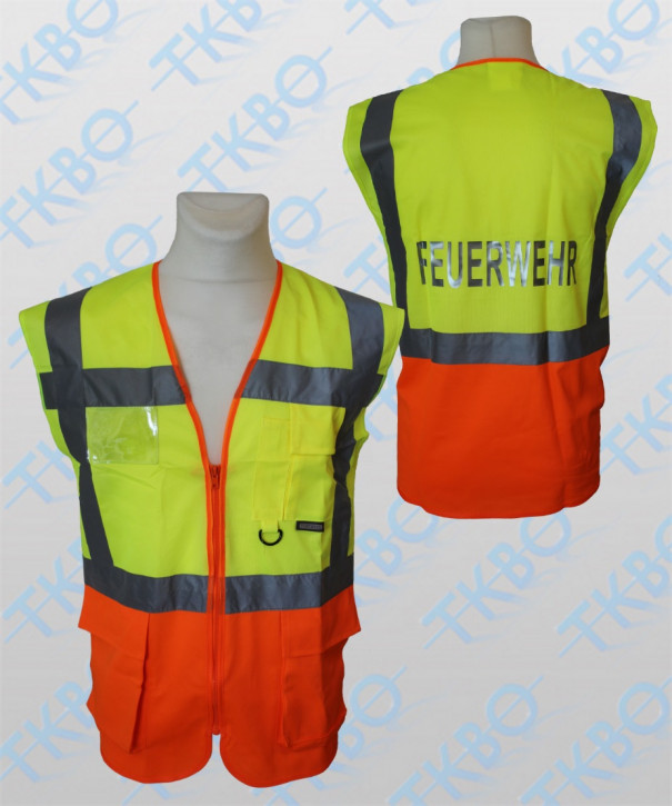 Warnweste mit Aufdruck "FEUERWEHR" - gelb/orange - mit Reißverschluss und Taschen