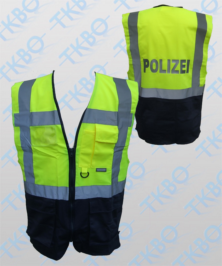 Warnweste mit Aufdruck POLIZEI - gelb/blau - mit Reißverschluss und  Taschen XXL